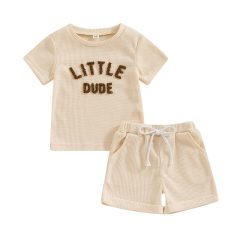 Toddler Baby Boy Summer Clothes Fuzzy Letter Waffle Short Sleeve T-Shirts Tops Elastic Waist Shorts Set Outfit