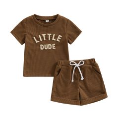 Toddler Baby Boy Summer Clothes Fuzzy Letter Waffle Short Sleeve T-Shirts Tops Elastic Waist Shorts Set Outfit
