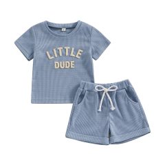 Toddler Baby Boy Summer Clothes Fuzzy Letter Waffle Short Sleeve T-Shirts Tops Elastic Waist Shorts Set Outfit